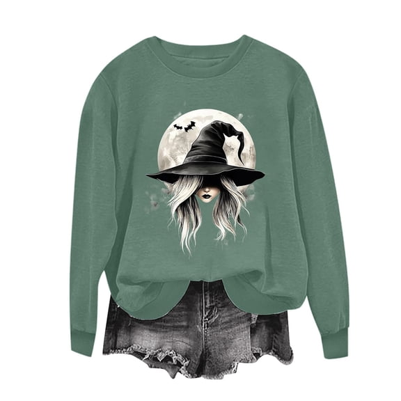 JOANKDMI Women Fall Graphic Sweatshirt Witch Print Crewneck Long Sleeve Drop Shoulder Oversized Pullover Casual Vintage Halloween Trendy Clothes