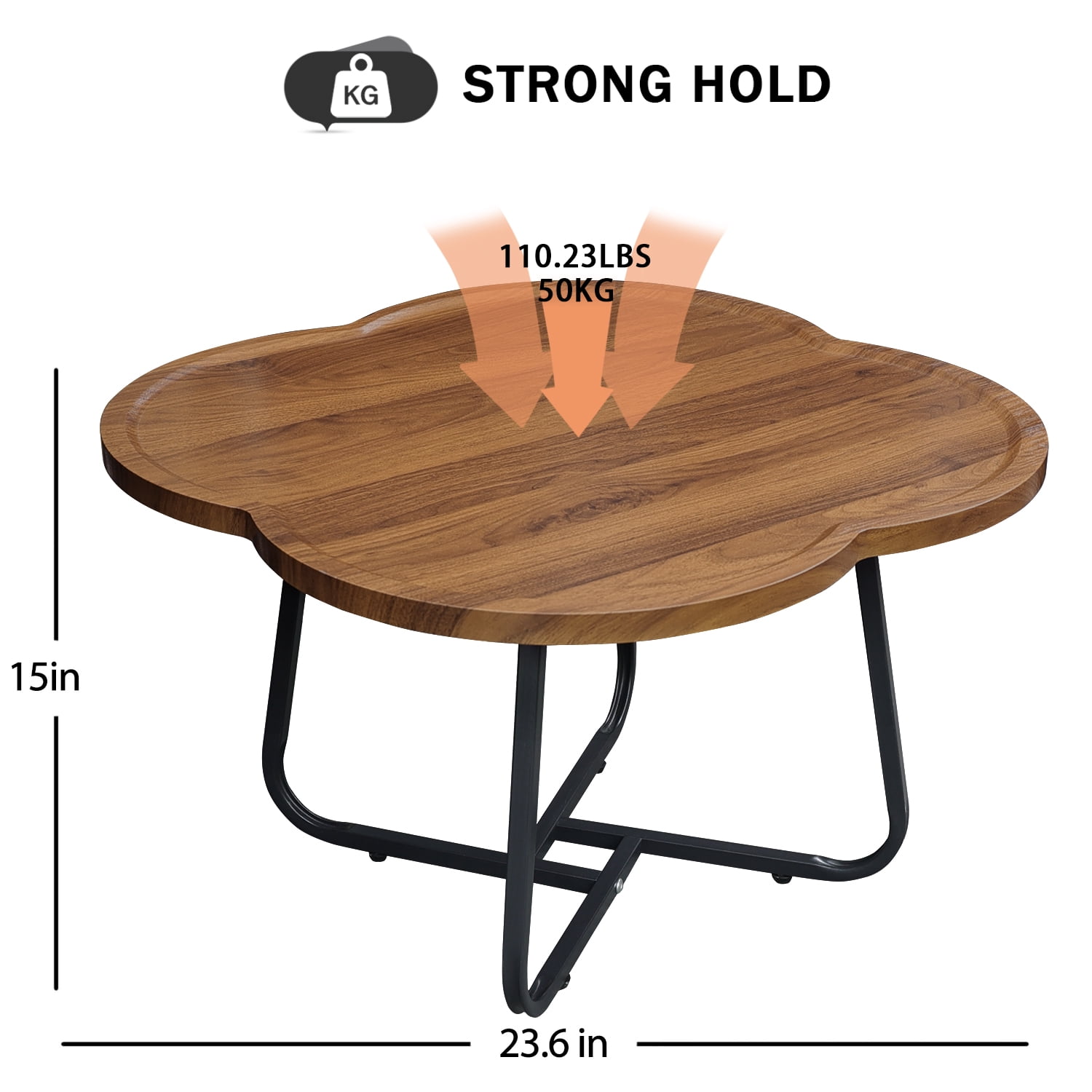 CERBIOR Vintage Modern Small Round Coffee Table, Living Room Centerpiece, Wooden Surface Top & Sturdy Metal Legs, Minimalist Display Side Table (Wood Flower)