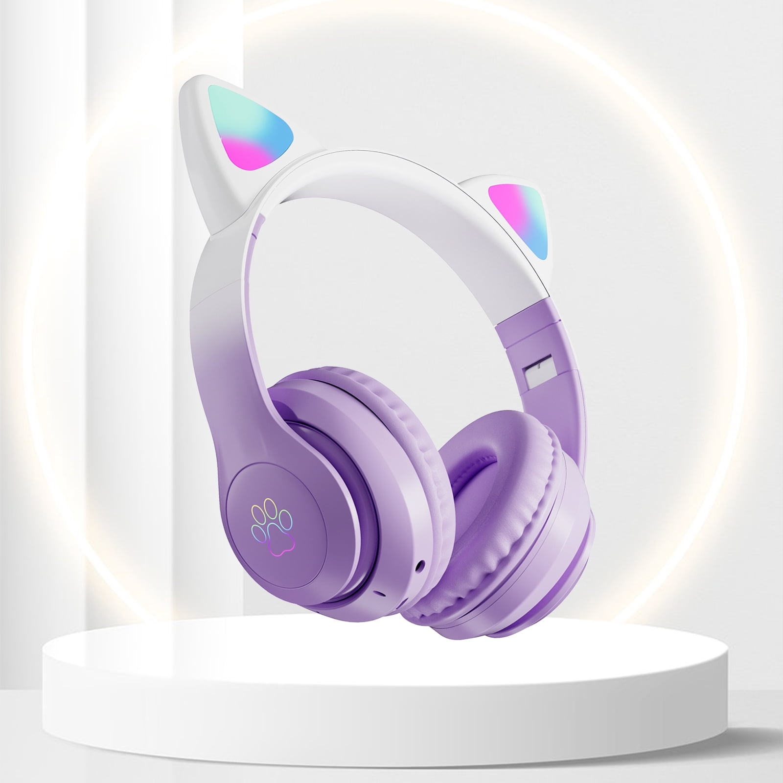 Soapow Kids Cat Ear Bluetooth Headphones, Foldable Kids Adults Girls over Ear Wireless Headphones with Mic & Led Light up, Cat Gaming Headset for Tablet/PS4/PS5/School Gift (Purple)