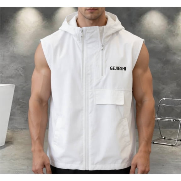 USNSM Men's Outdoor Functional Lightweight Golf Vest Outerwear with Pockets, Softshell Sleeveless Workwear Jacket Running Hiking Outfits White XXXL
