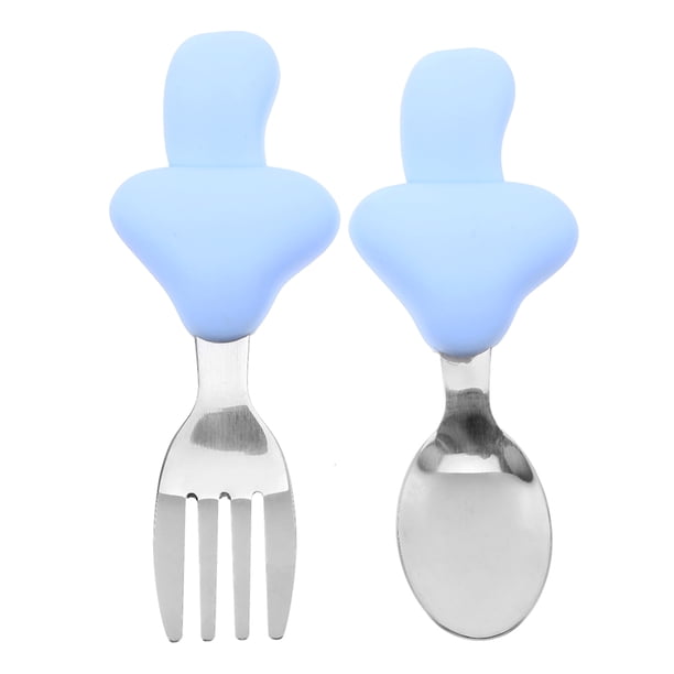 juego de cubiertos para bebés con mango de silicona, cucharas y tenedores.