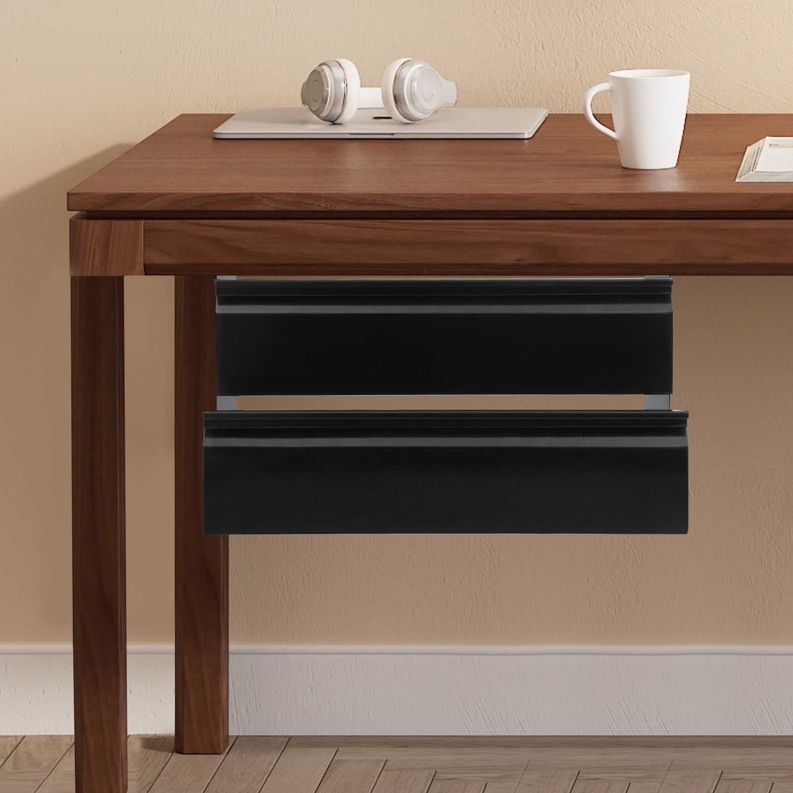 2-tier Sliding Storage Drawer, Black Steel Under Desk Pull-Out Drawer, for Office Desk & Study Stationery, Small Supplies & Desk Storage
