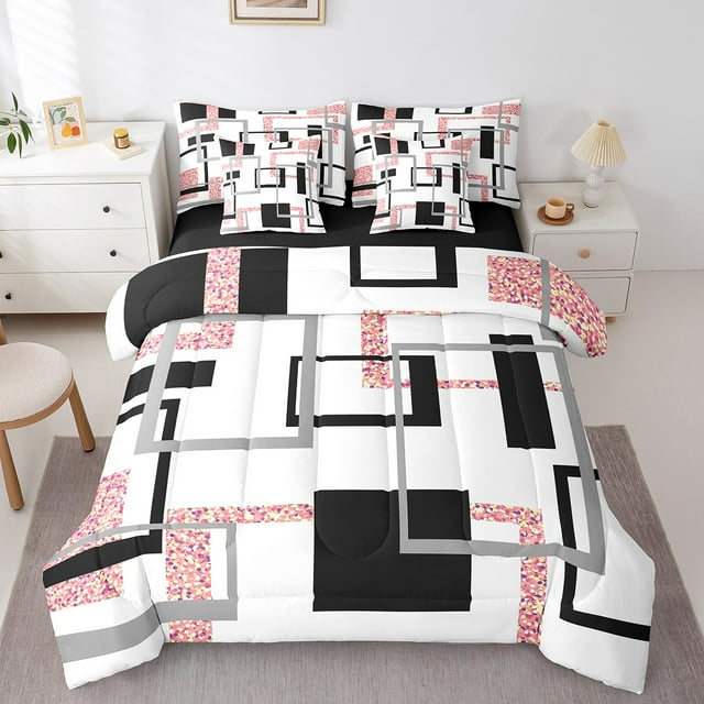 YST Ensemble de Douillette à Rayures 7 Pcs pour Ados et Adultes, Lit en Sac à Paillettes Roses pour Filles, Ensembles de Literie Modernes Simple, Ensembles de Lit Géométriques Réversibles avec Ensemble de Draps et Taie d'Oreiller