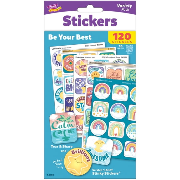 TREND: Scratch 'N Sniff: Be Your Best - 120ct Scented Stinky Stickers Variety Pack-10 Sheets, Calming Colors, Motivation, Confidence-Boosting Messages
