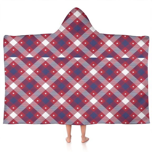Red Blue White Star Plaid Checkered Pattern Hooded Bath Towel，50"x30" for Ages 3 To 12 Kids, Quick Dry Lightweight Soft Microfiber Hood Beach Towel Cover Up for Kids