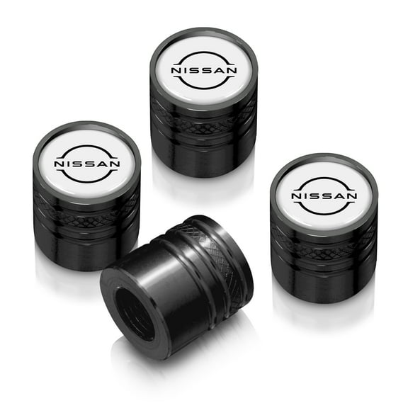Nissan New Logo in White on Black Aluminum Cylinder-Style Tire Valve Stem Caps