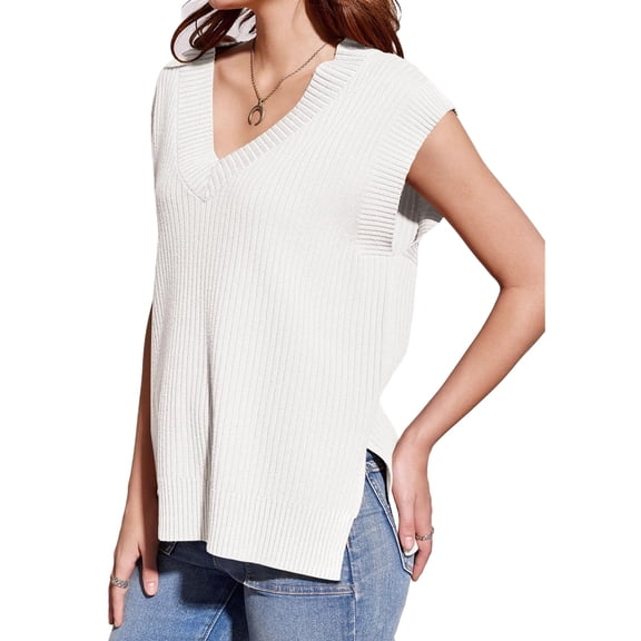Sleeveless V Neck Women Sweater Vest Oversized Ribbed Knit Casual Loose Fit Pullover Tank Top