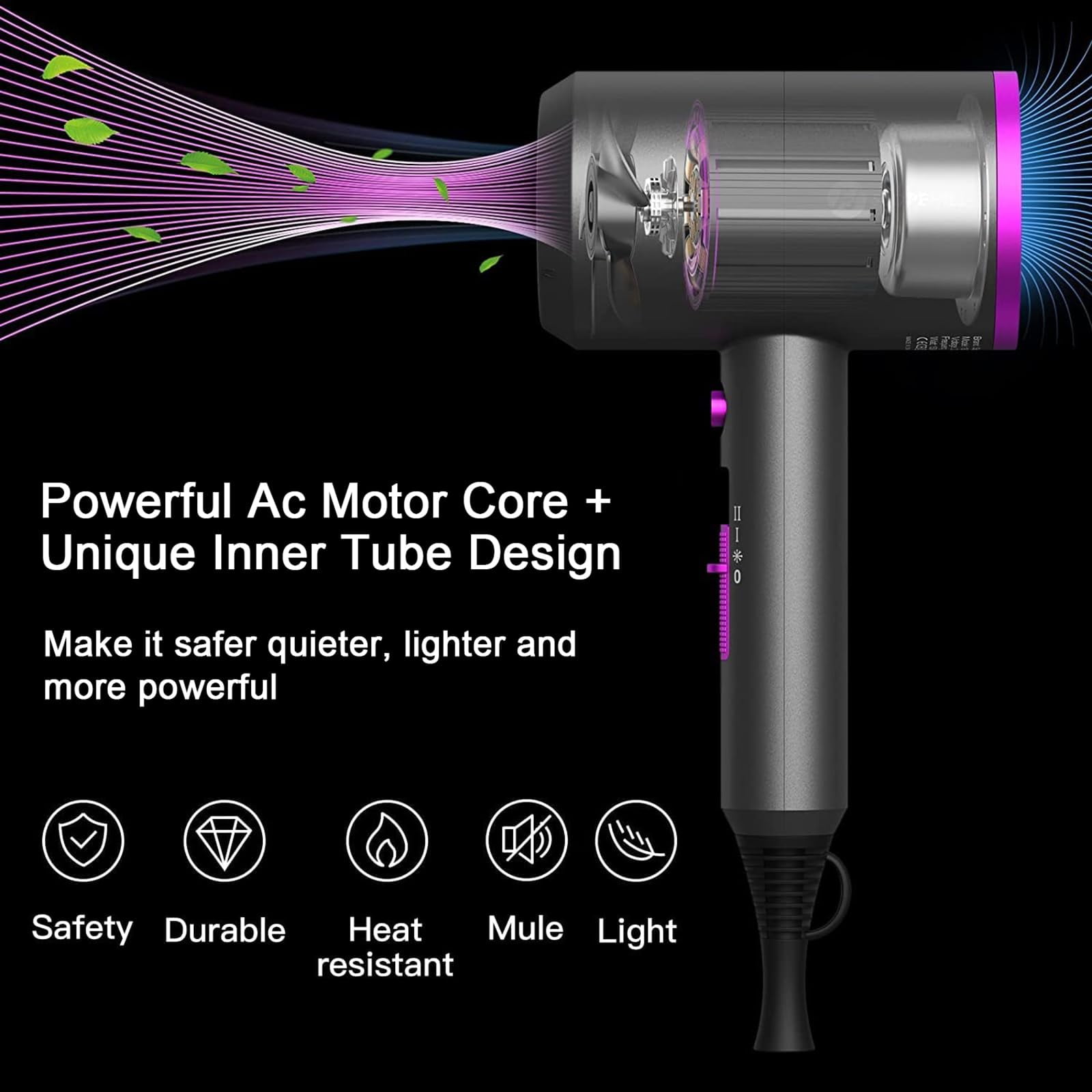 Professional Ionic Hair Dryer, Powerful 1800W Fast Drying Low Noise Blow Dryer with 2 Concentrator Nozzle 1 Diffuser Attachments for Home Salon Travel