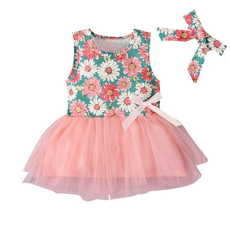 

YWDJ 12Months-4Years Girls Skirts Toddler Kids Cute Summer Sleeveless Flowers Mesh Bow Dress Skirt Suit Pink 3-4 Years