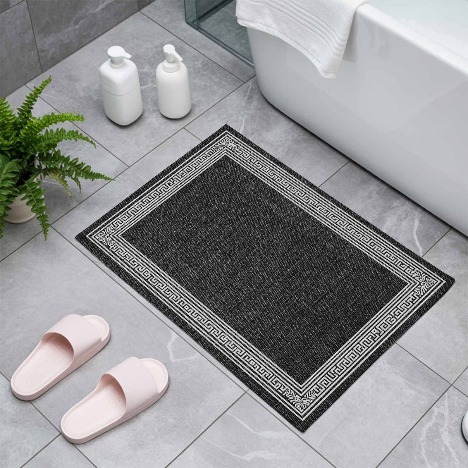 Black Geometric Indoor Door Mat - 20"x31.5", Non-Slip Welcome Mat for Outdoor, White Greek Key Design Burlap Modern Art Front Doormat for Entry, Low-Profile Doormat Entrance Rug for Kitchen/Bathroom