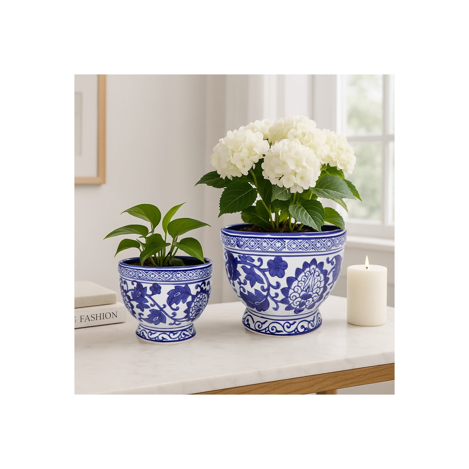 Chinoiserie Flower Pots for Home Decor - Stoneware Ceramic Bowls with Floral Design for Planters for Indoor and Outdoor Plants - Pots For Plants Accent for Garden - Set of 2, 5", 4", Blue & White