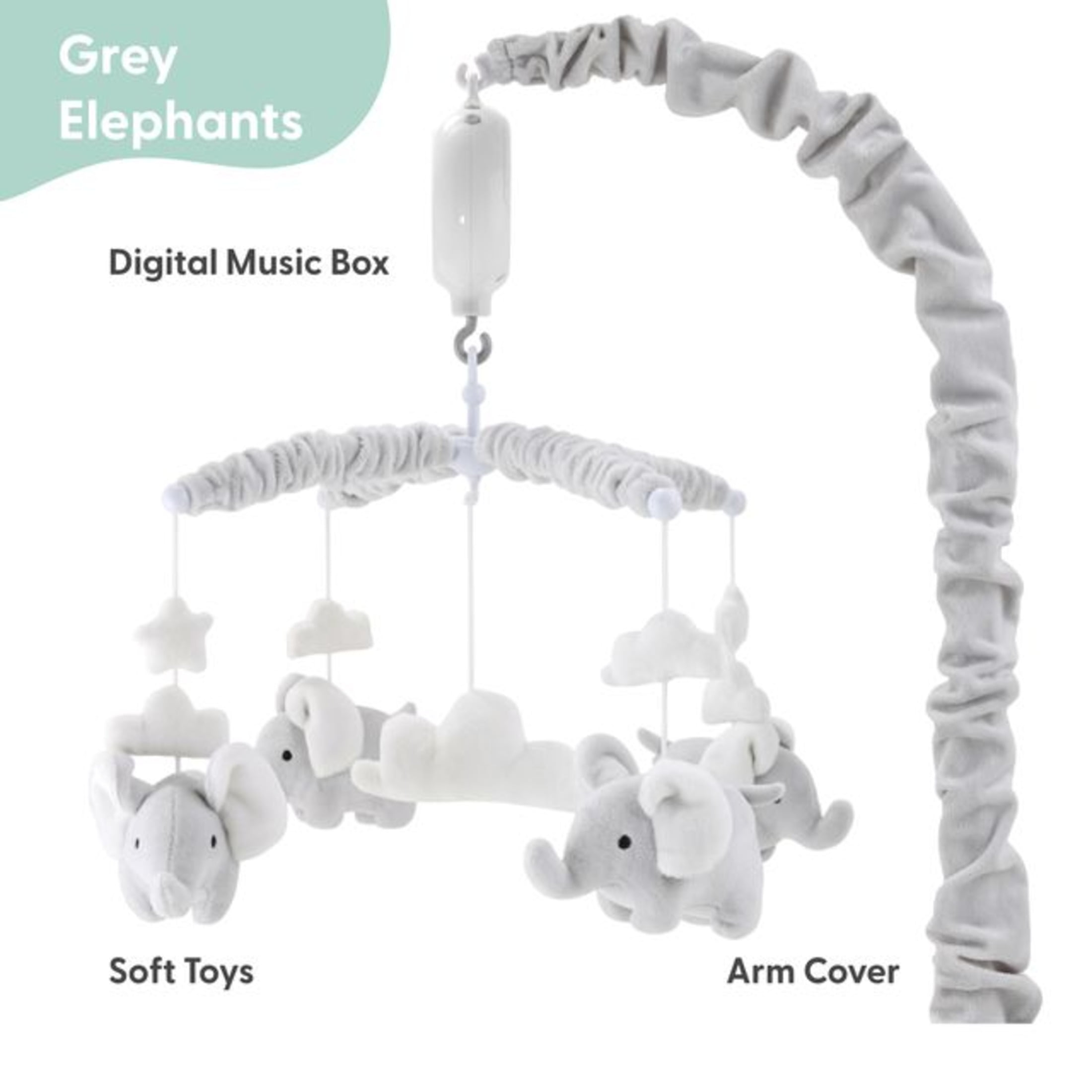 The Peanutshell Elephant Musical Mobile in Grey