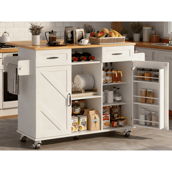 Rolling Kitchen Island Cart with Storage Cabinet & Drop Leaf, Mobile Kitchen Island on Wheels with Drawers, Spice Rack & Towel Holder, Farmhouse Butcher Block Countertop, 51.5" Kitchen Storage Table