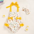 thumbnail image 3 of ZEHJUHAN Baby Girls' Ruffle Sleeveless Halter Romper + Headband Set, Bow Print Summer Outfit with Snap Closure Yellow，12-18M, 3 of 9