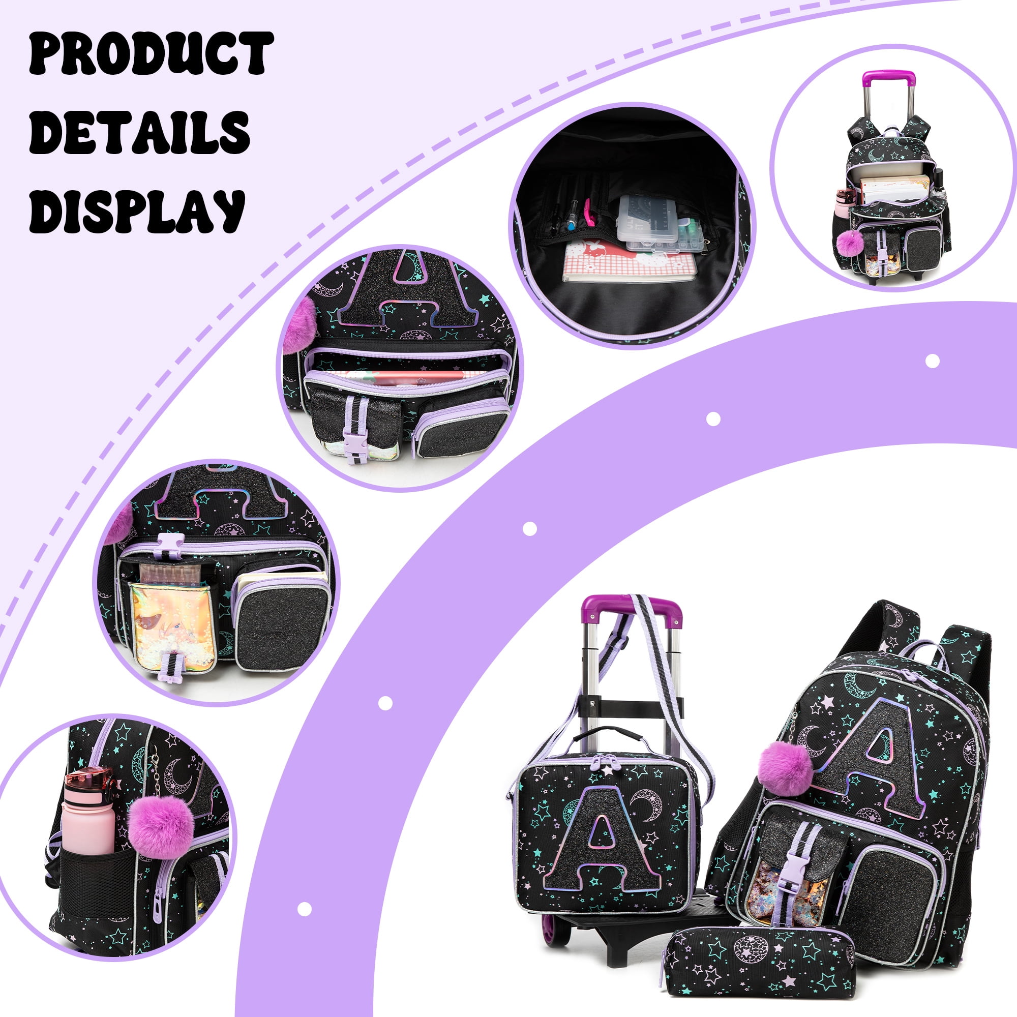 Kids Rolling School Backpack for Girls with Wheels Sequin Cute Carry on Roller Bookbag,Backpacks with Lunch Box for Elementary Student