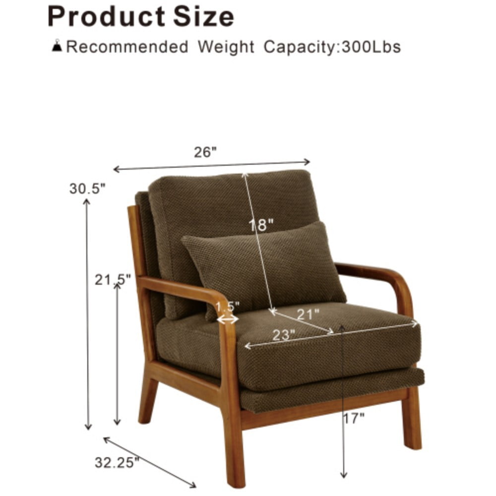Wooden Lounge Chair, Modern Upholstered Accent Chair with Solid Wood Armrests, High-Density Foam Cushion, Reclined Backrest for Living Room, Bedroom & Office, Coffee