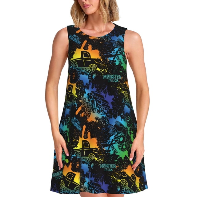 Balery Retro Truck Vestidos de verano para mujer con estampado: vestido holgado sin mangas, vestido playero informal y cómodo para días calurosos.