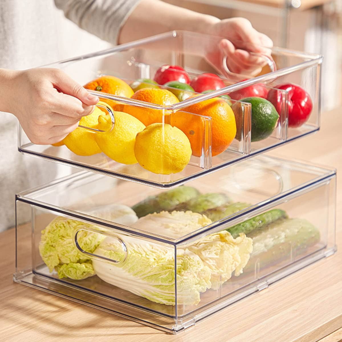 Stackable Fridge Drawer Pull-out Bins With Handles 3 Pack Large Clear Food Container Removable Dividers Refrigerator Storage Box Divided Produce Saver For Pantry Kitchen