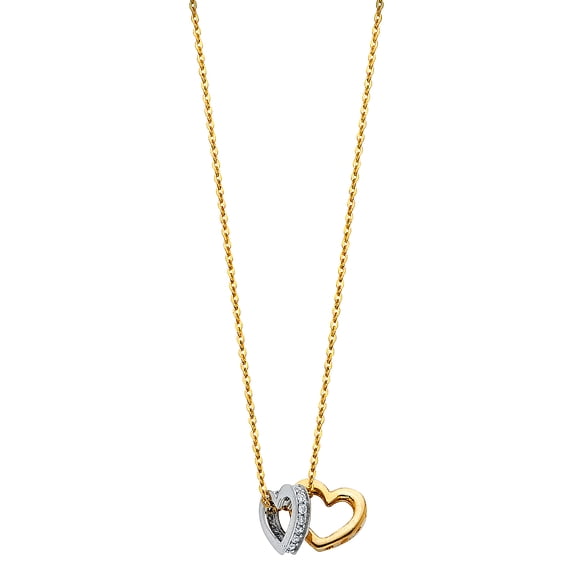 Wellingsale 14k Two Tone White and Yellow Gold Polished CZ Cubic Zirconia Double Heart Necklace - 18"