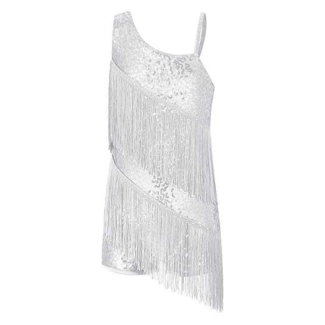RUNQHUI Robe de Danse Jazz Latine à Franges Diamants Brillants pour Filles Salsa Samba Rumba Cha Tango Blanc 16