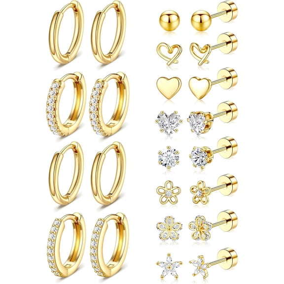 2-Tone Hypoallergenic Stainless Steel Ear Jewelry Multipack, Flat Screw Back Cartilage Studs & Huggie Hoop Earrings with Heart Flower Star CZ for Women Lobe Helix Tragus