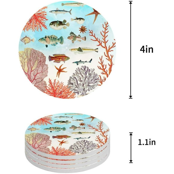ZHANZZK Underwater World Sea Turtle Coral Ocean Printing Set of 6 Round Coaster for Drinks, Absorbent Ceramic Stone Coasters Cup Mat with Cork Base for Home Kitchen Room Coffee Table Bar Decor