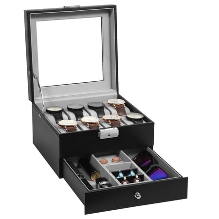 Uten 8-Slot Watch Box for Men, PU Leather Watch Display Case & Jewelry Organizer with Drawer & Glass Top and Soft Velvet Lining, Black