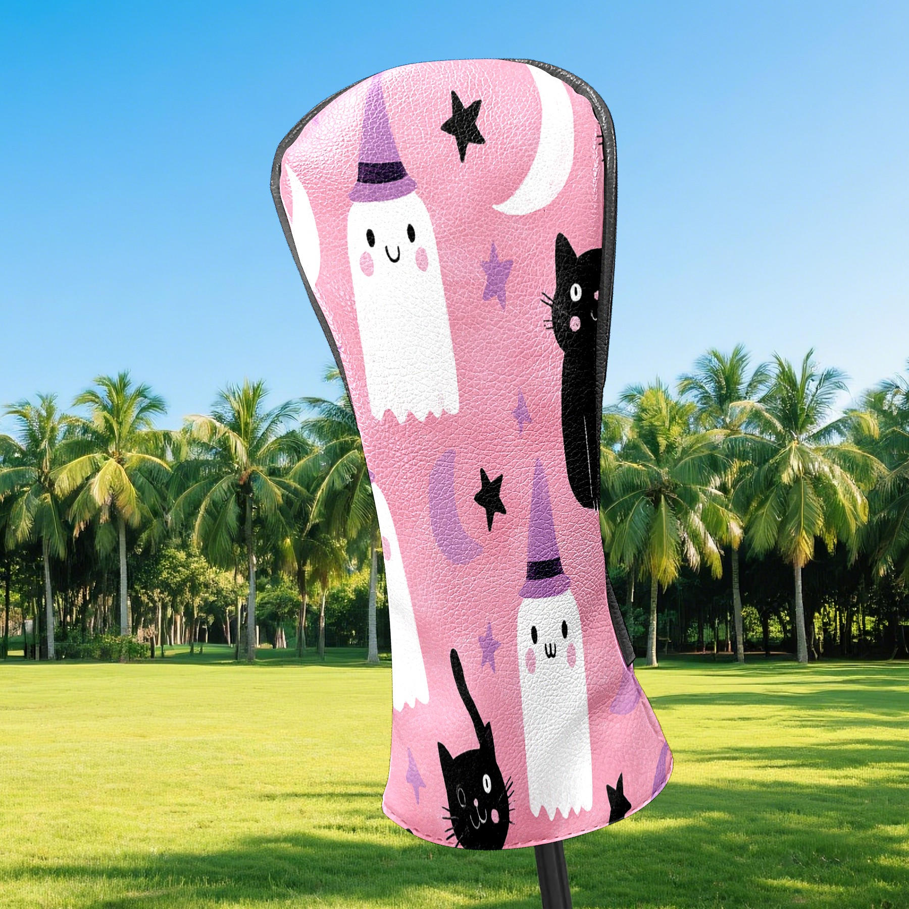 Golf Club Covers, Pink GhostCat Premium PU Leather Driver Hybrid Putter Head Covers with Velvet Lining, Waterproof Golf Gifts for Men Women