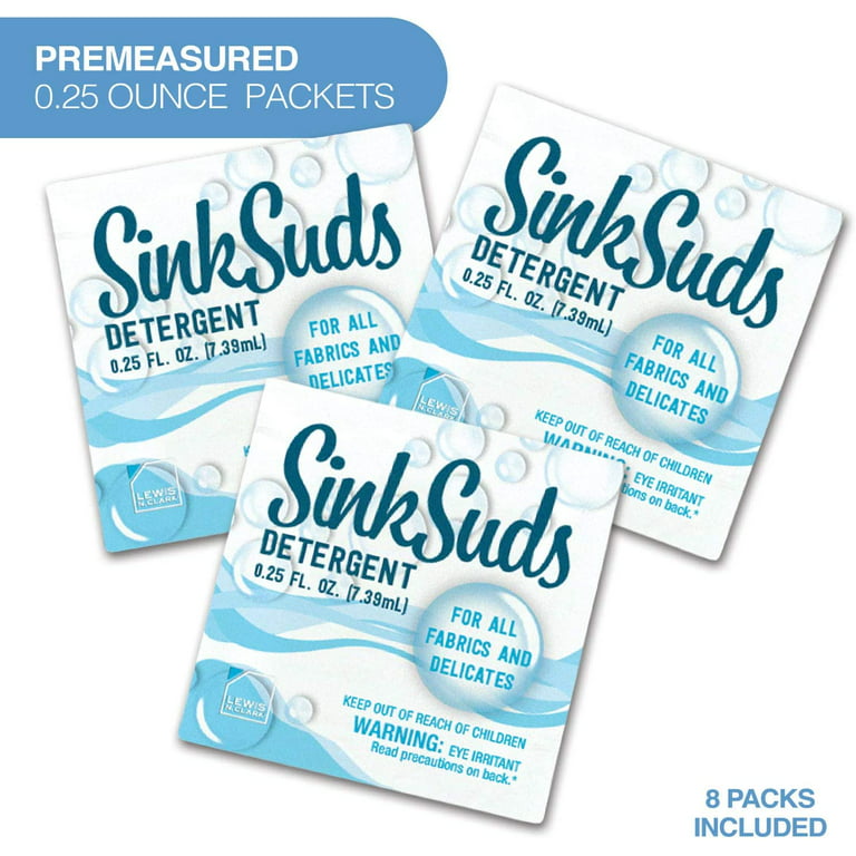 Sinksuds Travel Laundry Detergent Liquid Soap + Odor Eliminator for All Fabrics Including Delicates, (TSA Compliant), 8 Sink Packets (0.25 fl oz Each)