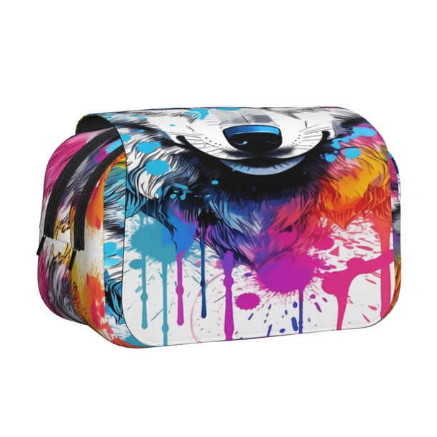 Disketp Cool Colorful Wolf Estuche de Lápices de Doble Capa con Tapa Abatible y Cremallera, Organizador Escolar para Adolescentes y Adultos