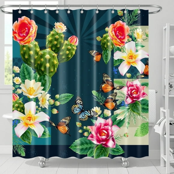 Vibrant Blue Cactus Shower Curtain with Colorful Flowers & Butterflies - Tropical Decor