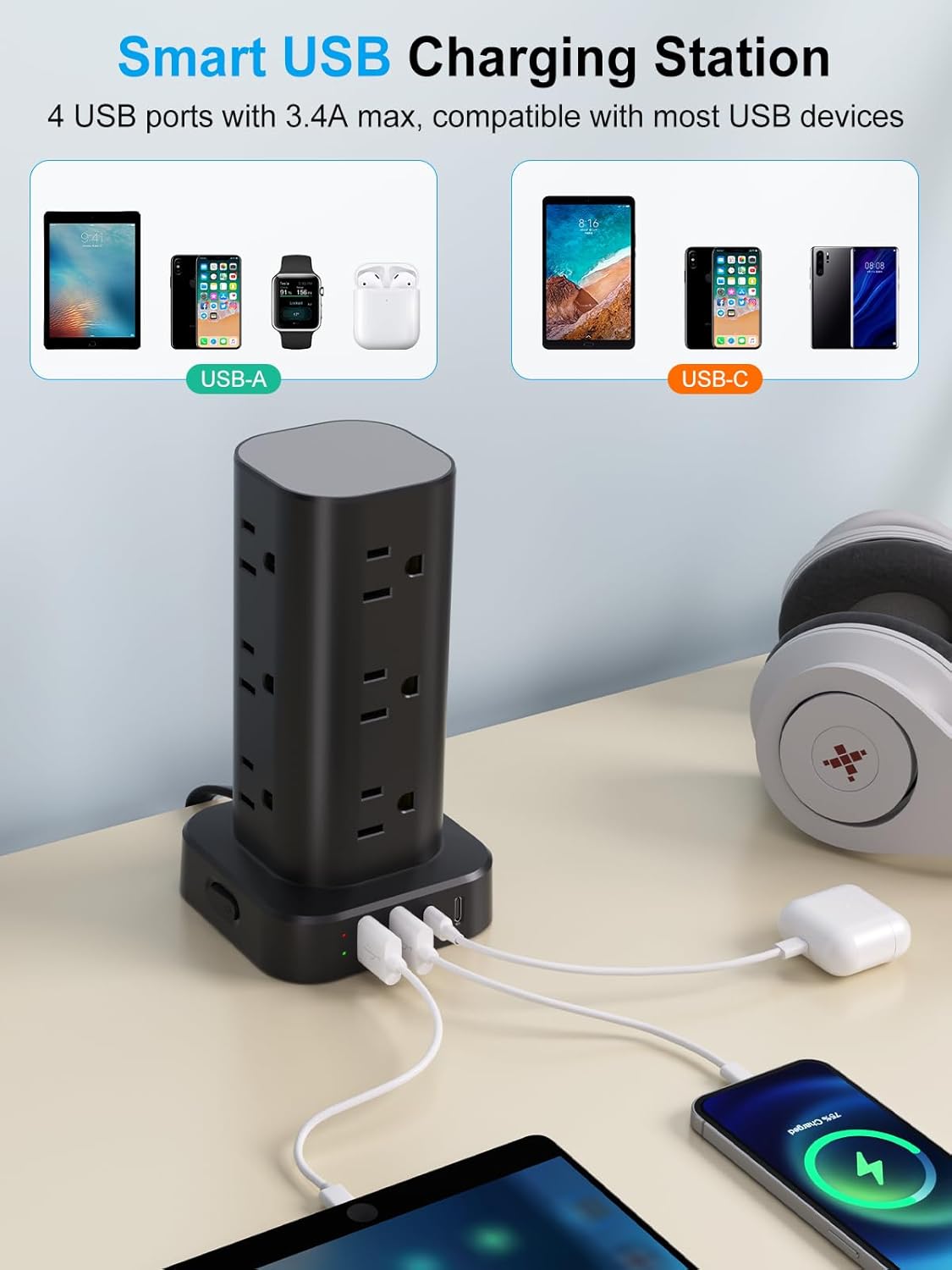Power Strip Tower with Multiple Outlets, Flat Plug Sur Protector Tower Extension Cord with 12 AC Outlets 4 USB Ports (2 USB C), 6FT Cord Power Tower Sur Protector for Home Office Dorm Room, Black