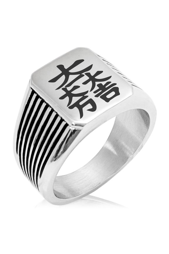 Stainless Steel Ishida Samurai Crest Needle Stripe Pattern Biker Style Polished Ring