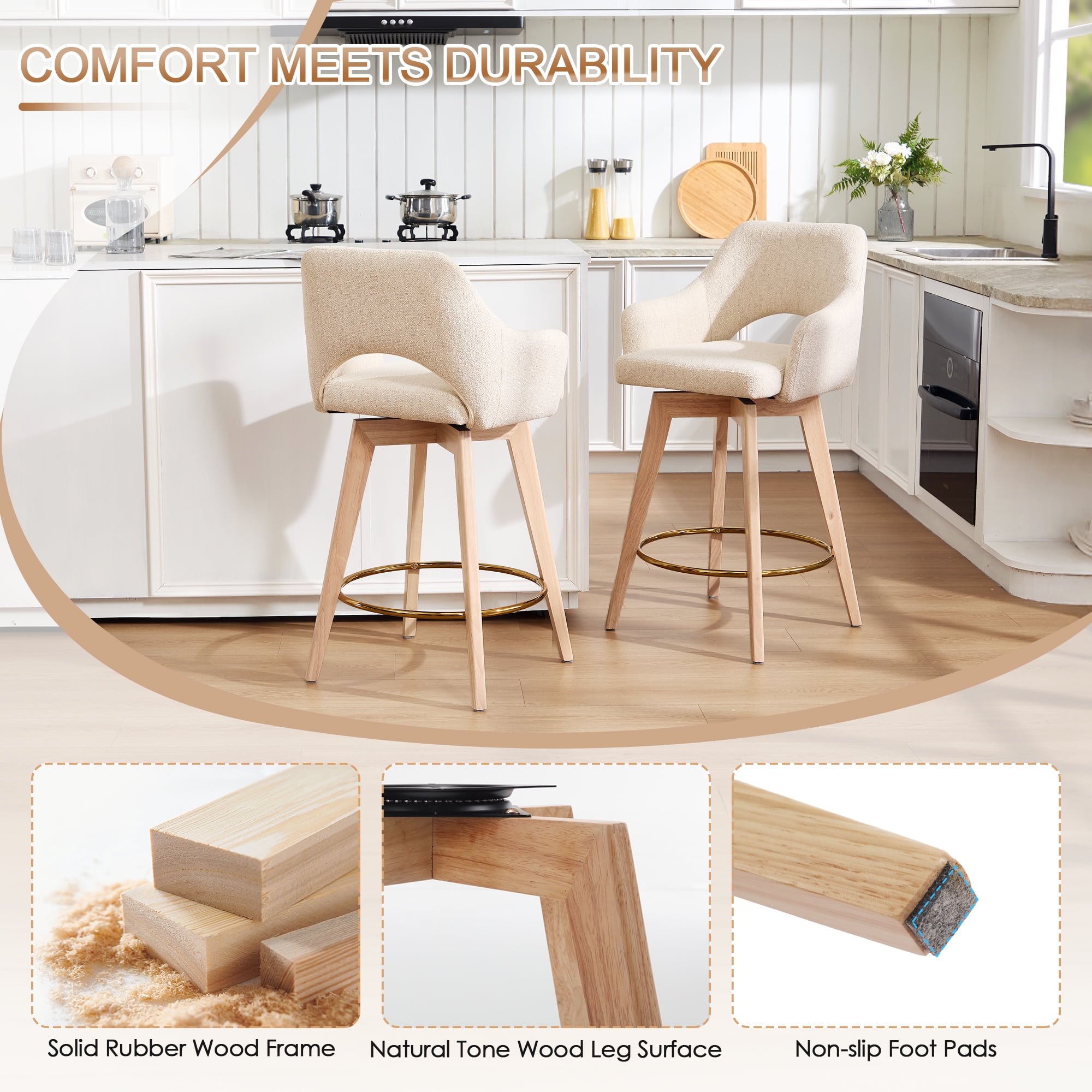 Zesthouse 26.8″ Swivel Counter Height Bar Stools Set of 2, Upholstered Linen Bar Stools with Back and Wood Legs, Mid Century Modern Barstool Island Chairs for Kitchen Counter, Beige