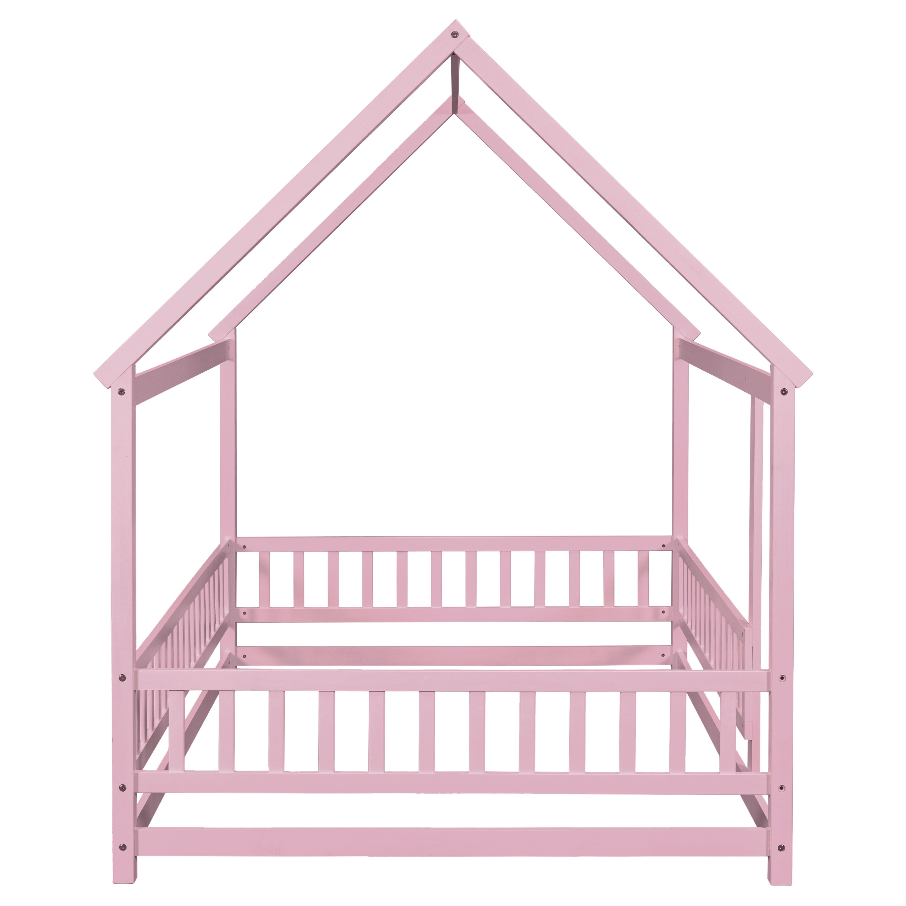 Bellemave Full Floor Bed, Wood Full Size House Bed Frame with Fence, Montessori Floor Bed for Bedroom（Pink)