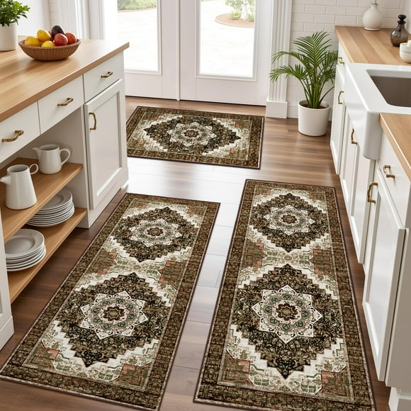 Juego de alfombras de cocina Tritard, 100% antideslizantes, lavables, color marrón bohemio