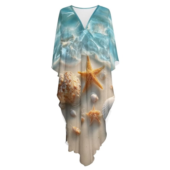 Xoenoiee Beach Starfish Seashell Conch Pattern Kaftan Dresses for Women V Neck Summer Swimsuit Cover up Batwing Sleeve Caftan Maxi Beach Dresses Boho Moomoo Dresses