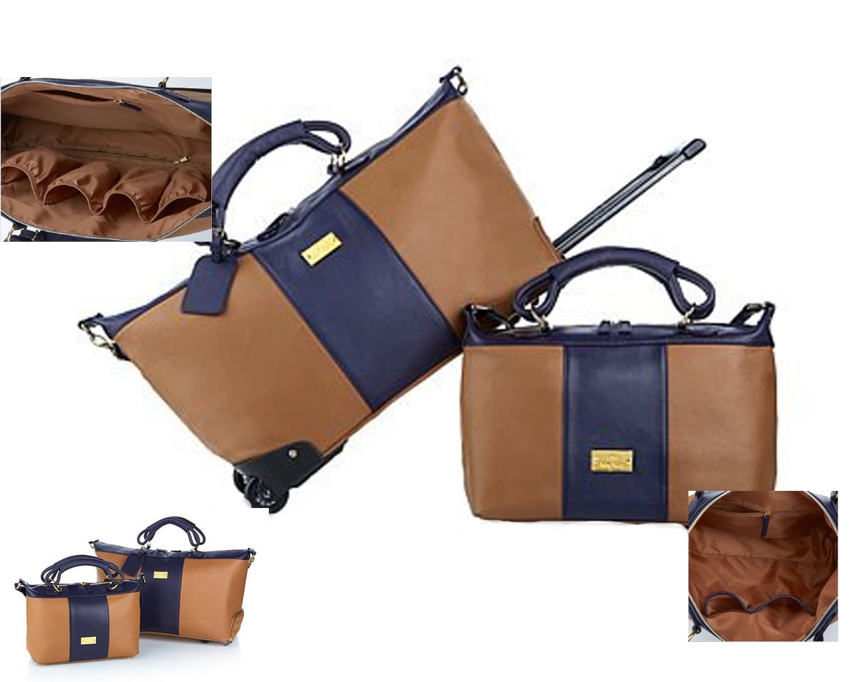 JOY Colorblock Genuine Leather CarryOn Wheeled Duffle and Bag Set Classic Navy/Rich Saddle