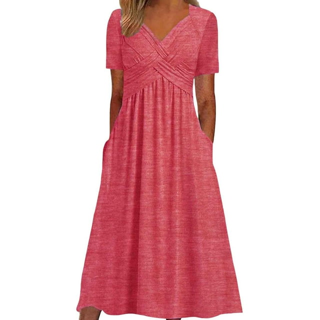 Womens Dresses Fashion Solid Color Short Sleeve Casual Loose Long Dress With Pockets