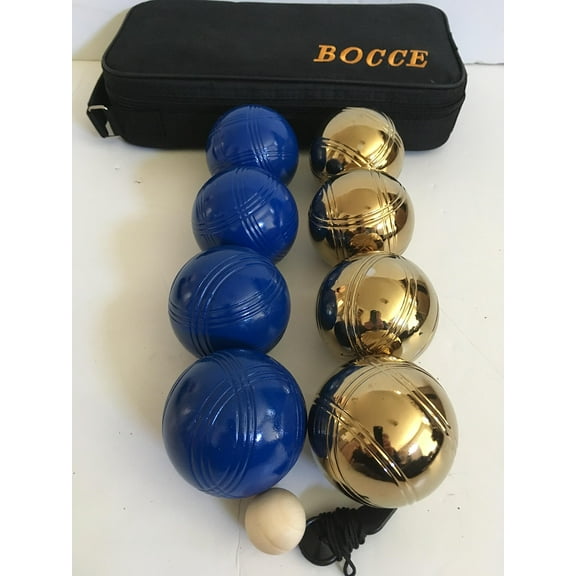 BuyBocceBalls Listing - 73mm Metal Bocce/Petanque 8 Ball Set with 4 Blue and 4 Gold Balls and Black Bag