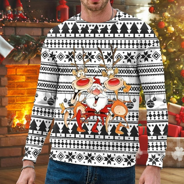 WILLBEST et Chandails en Molleton Hommes Automne et Hiver Tendance Décontractée Chandail Imprimé de Noël Col Rond Chandail à Capuchon