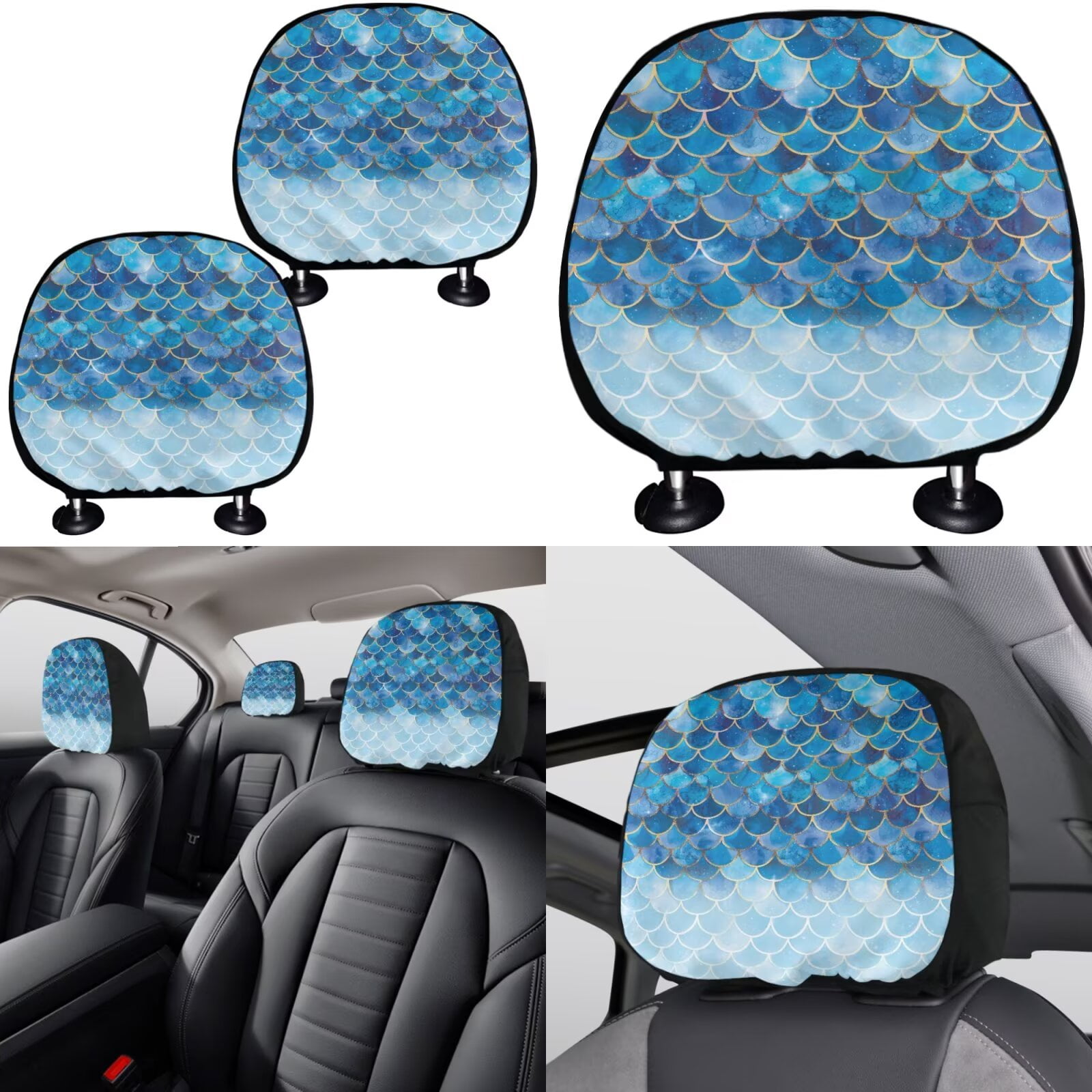 Garronmavis Blue Fish scale Car Assecories, Include Steering Wheel Cover Gear Shift Cover Handbrake Cover Headrest Cover Cup Coasters for Women Men Car Interior Decor for Sedan SUV Truck