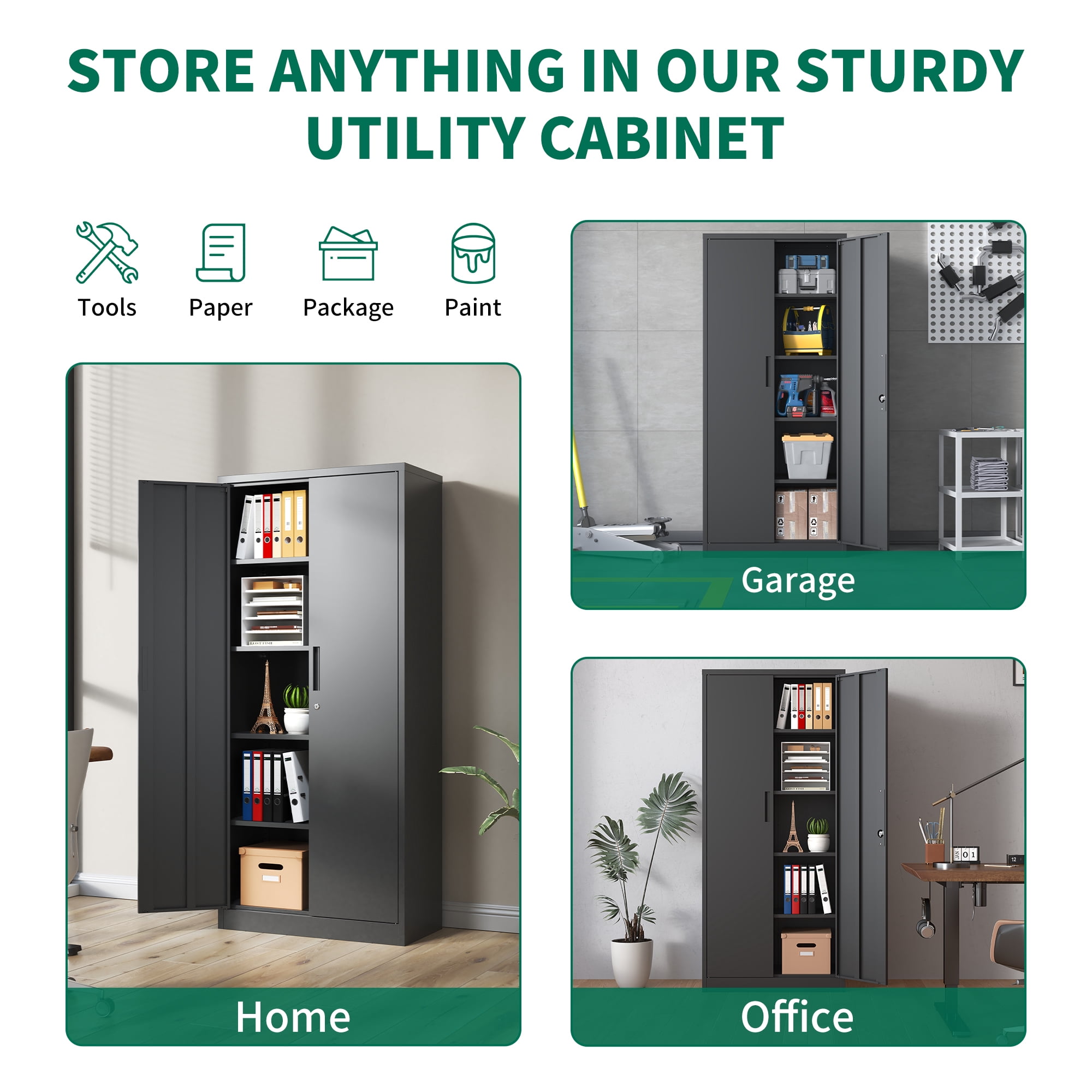Garage Storage Cabinet with Doors and 4 Adjustable Shelves, Alvantor 72" Tall Metal Garage Cabinet , Lockable Tool Storage Cabinets for Garage, Home, Office Black