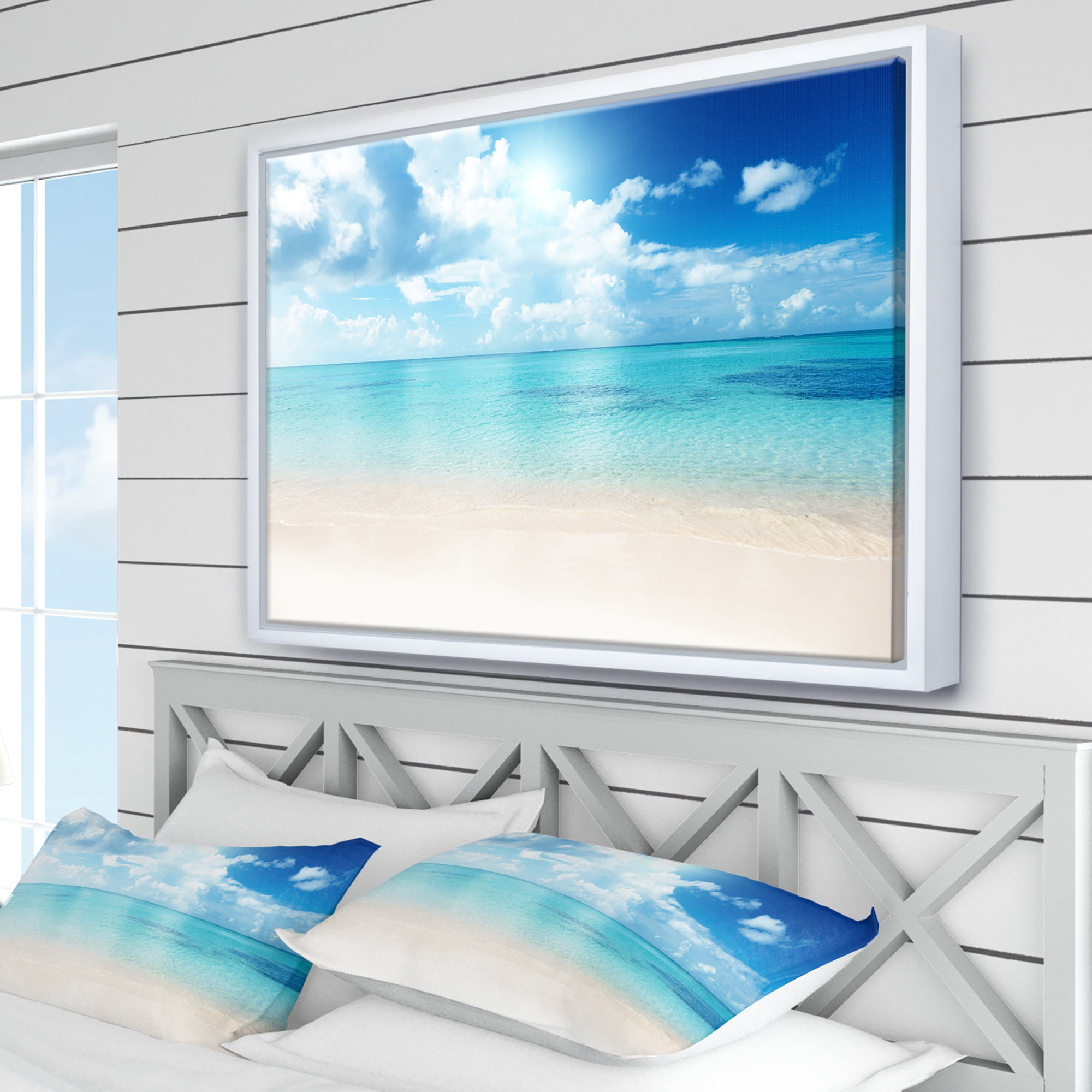 Designart ' Sand of Beach in Blue Caribbean Sea ' Modern Seascape Framed Canvas Artwork