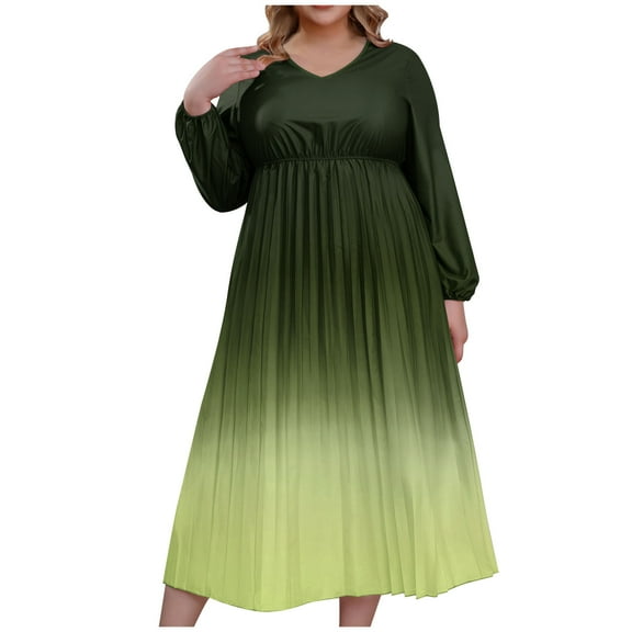 Summer Fashion Plus Size Maxi Dresses for Womens 2025 Casual Solid Color V-Neck Elastic Waist Stitching Long Skirt Dress Long Sleeve V-Neck Ankle Dress