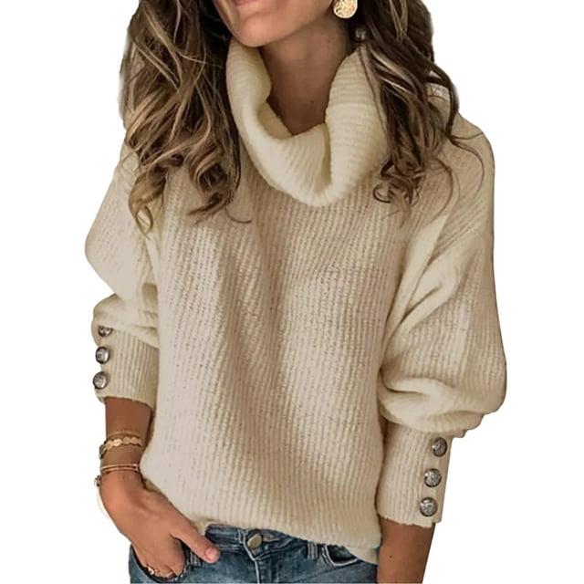 UKAP Pull-Over pour Femmes Couleur Unie Col Roulé Pull-Over Hauts Vêtements d'Extérieur Automne Pulls Tricotés Kaki TP