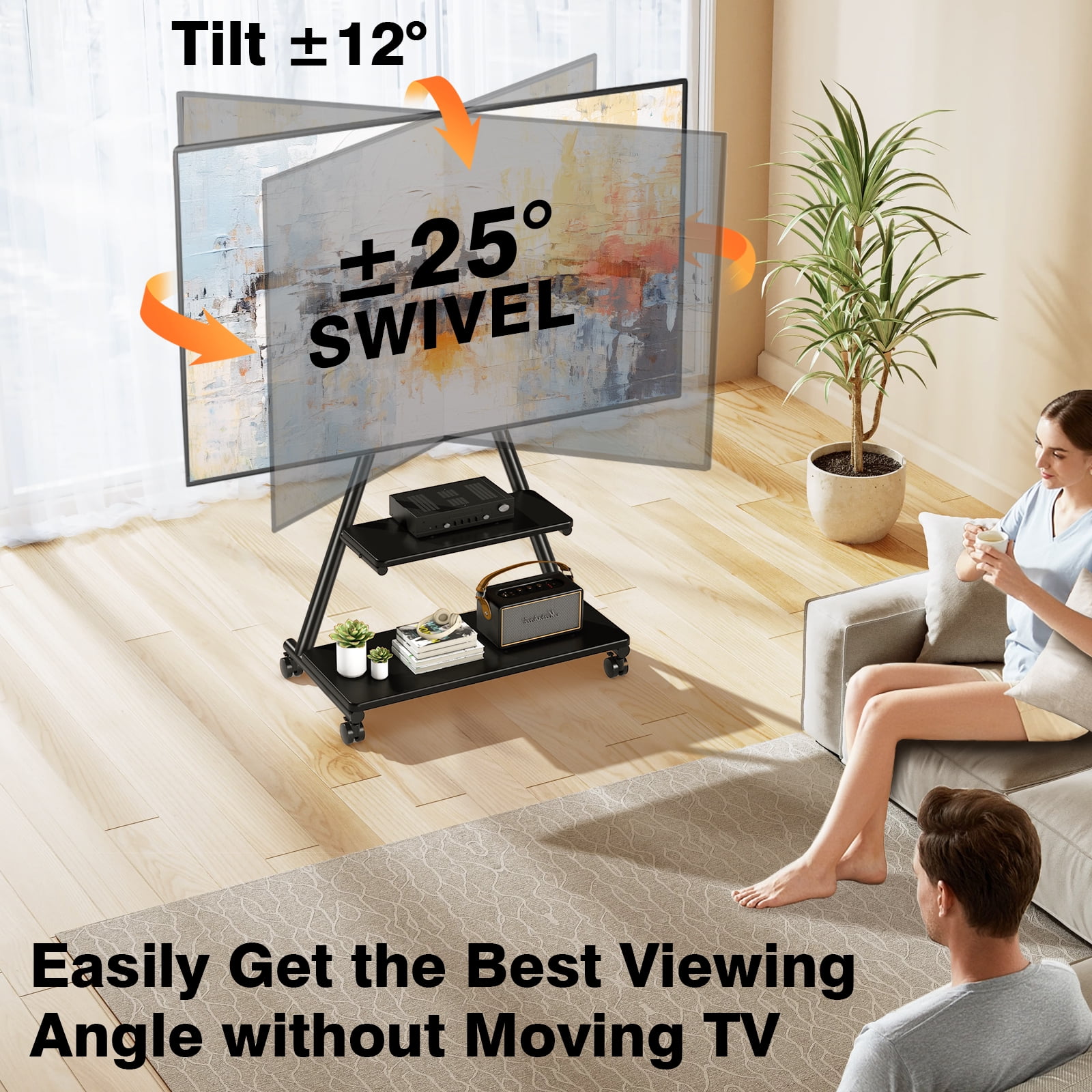 TAVR Furniture Universal Mobile TV Cart up to 80 inch TV, Rolling TV Stand on Wheels with Mount with Storage Shelf