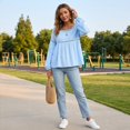 thumbnail image 5 of Women's Solid Color Round Neck Lace Patchwork Blouse, Long Sleeve Hollow Out Casual Shirt, Loose Fit Eyelet Top for Daily Office Holiday Wear 03-Sky Blue S, 5 of 5
