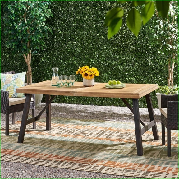 Rustic Acacia Wood Outdoor Dining Table with Slat Design | Walnut Brown & Slate Gray | Acacia Wood