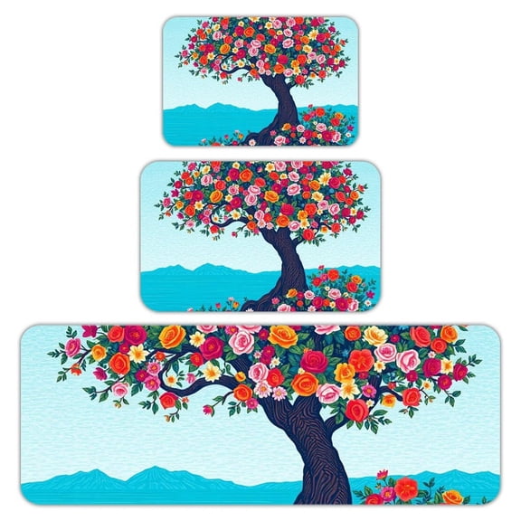 RKSupls Kitchen Rug Set 3 Piece Anti-Slip Flannel Floor Mats, Flower Tree Landscape Washable Absorbent Runner Mats for Kitchen Bathroom Home Decor